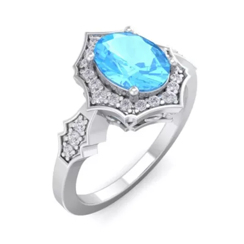 2 Carat Oval Shape Gemstone and Halo Diamond Ring Sterling Silver