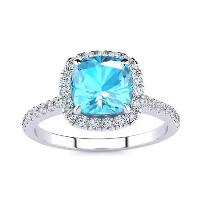 2 Carat Cushion Cut Gemstone and Halo Diamond Ring Sterling Silver