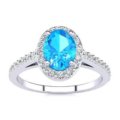 Lab Created 1 Carat Oval Shape Gemstone and Halo Diamond Ring Sterling Silver