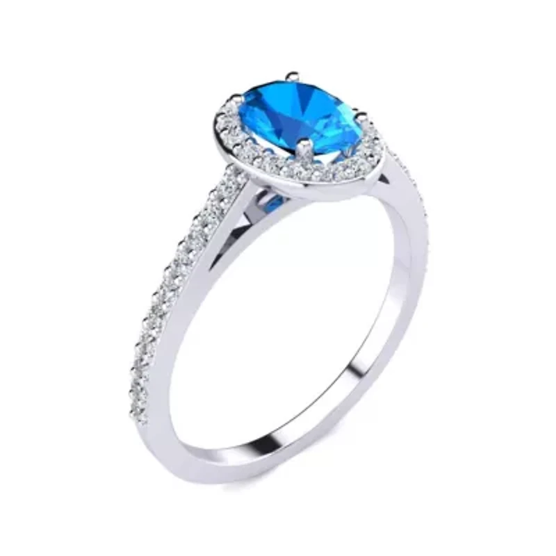 Lab Created 1 Carat Oval Shape Gemstone and Halo Diamond Ring Sterling Silver