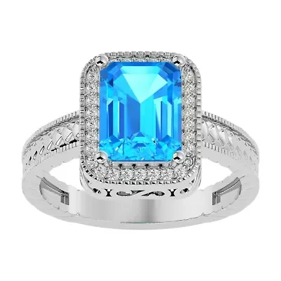 2 3/4 Carat Emerald Shape Gemstone and Diamond Ring Sterling Silver