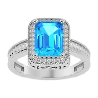 2 3/4 Carat Emerald Shape Gemstone and Diamond Ring Sterling Silver