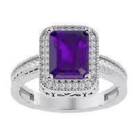 2 3/4 Carat Emerald Shape Gemstone and Diamond Ring Sterling Silver