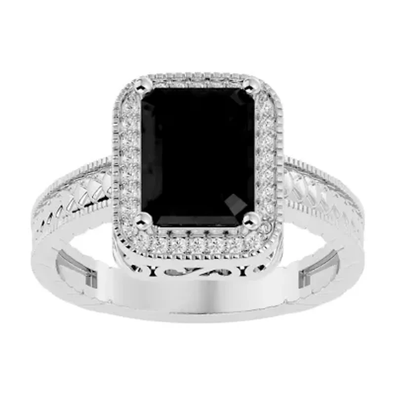 2 3/4 Carat Emerald Shape Gemstone and Diamond Ring Sterling Silver