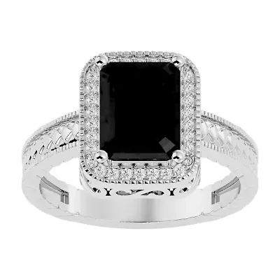 2 3/4 Carat Emerald Shape Gemstone and Diamond Ring Sterling Silver