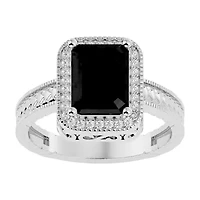 2 3/4 Carat Emerald Shape Gemstone and Diamond Ring Sterling Silver