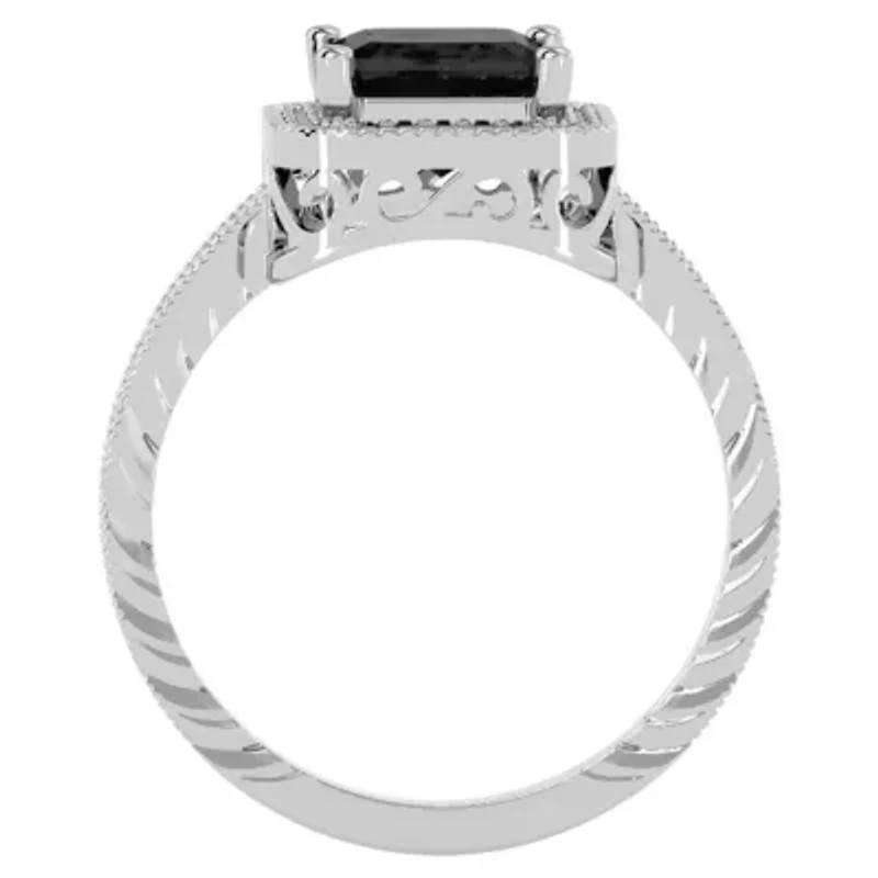 2 3/4 Carat Emerald Shape Gemstone and Diamond Ring Sterling Silver