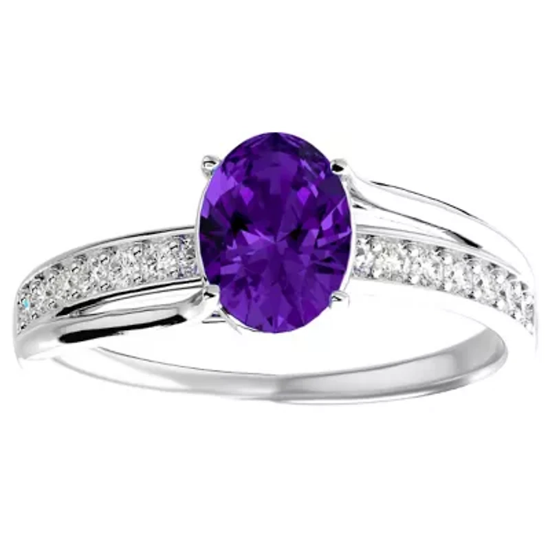 Lab Created 1 1/2 Carat Oval Shape Gemstone and Diamond Ring Sterling Silver