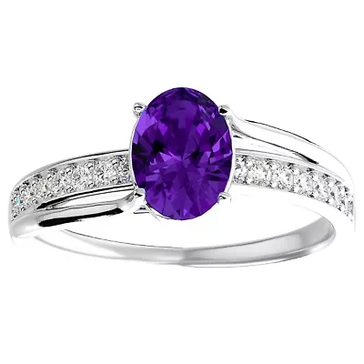 Lab Created 1 1/2 Carat Oval Shape Gemstone and Diamond Ring Sterling Silver