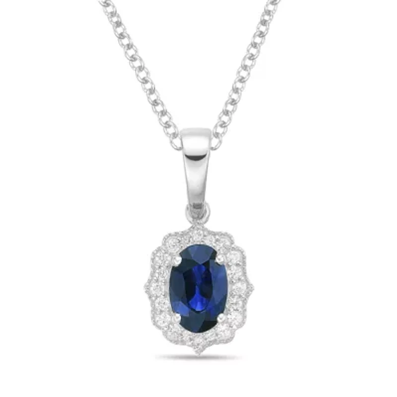 10K White Gold Sapphire and 1/10 ct. t.w. Diamond Pendant Necklace
