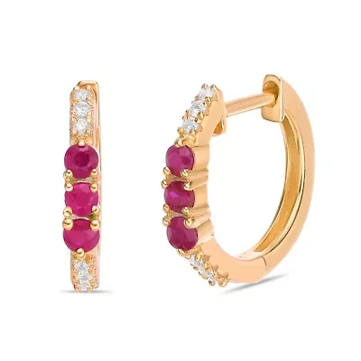 10K Gold Ruby and Diamond Accent Hoop Earrings