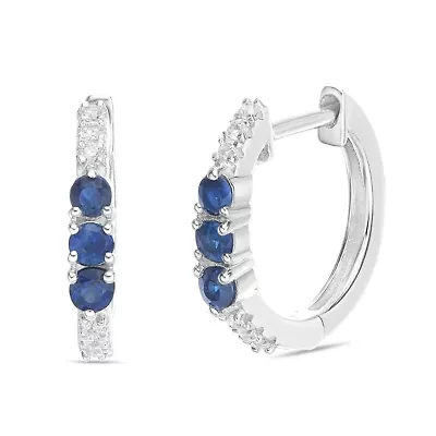 10K White Gold Sapphire and Diamond Accent Hoop Earrings