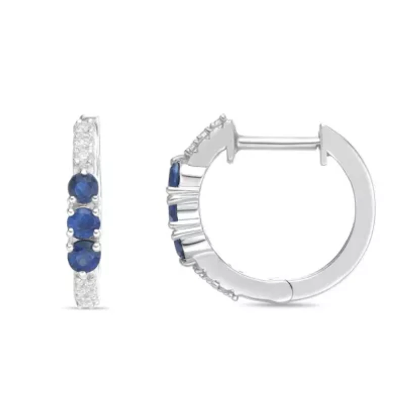 10K White Gold Sapphire and Diamond Accent Hoop Earrings