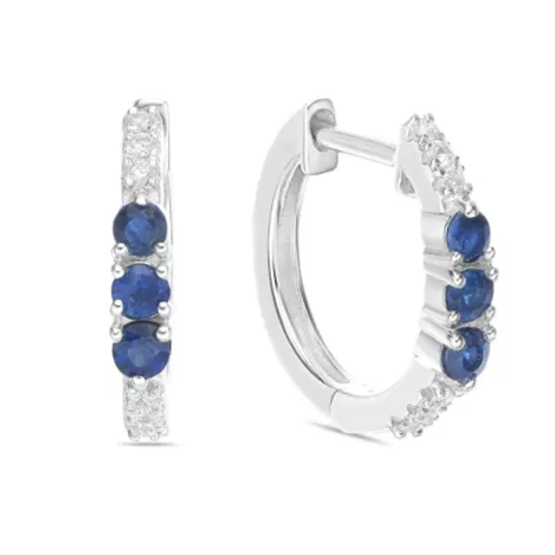 10K White Gold Sapphire and Diamond Accent Hoop Earrings