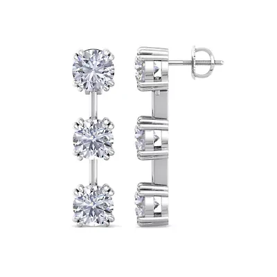Lab Created Carat Round Shape Lab Grown Diamond Drop Earrings In Sterling Silver