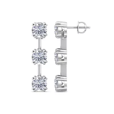 Lab Created 3 Carat Round Shape Lab Grown Diamond Drop Earrings In Sterling Silver
