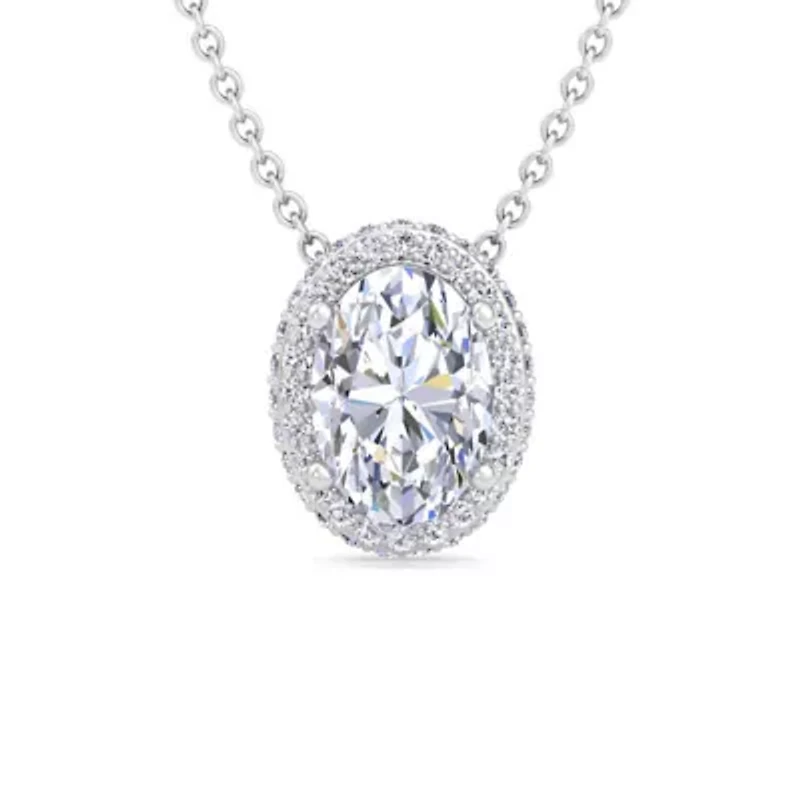 Lab Created 2 1/4 Carat Oval Shape Lab Grown Diamond Halo Necklace In Sterling Silver