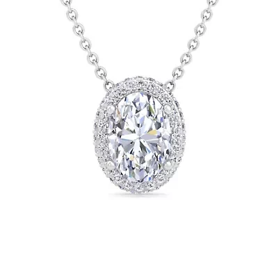 Lab Created 2 1/4 Carat Oval Shape Lab Grown Diamond Halo Necklace In Sterling Silver