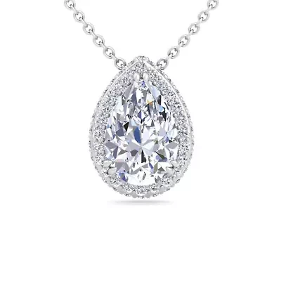 Lab Created 2 1/4 Carat Pear Shape Lab Grown Diamond Halo Necklace In Sterling Silver