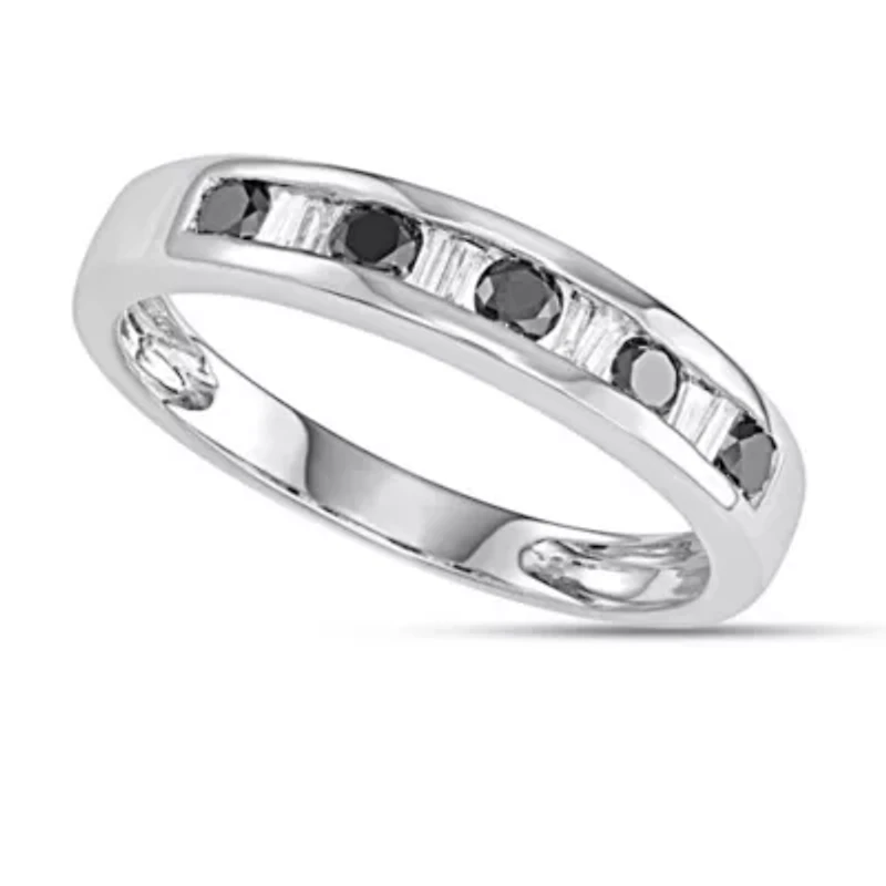 1/2 CTTW Black Diamond And Baguette Wedding Band 10K White Gold