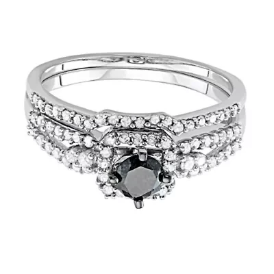 1.00 CTTW Black and White Diamond Wedding Bridal Set 10KW