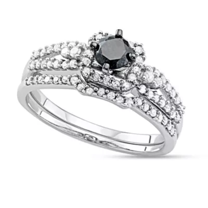 1.00 CTTW Black and White Diamond Wedding Bridal Set 10KW