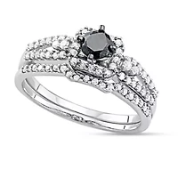 1.00 CTTW Black and White Diamond Wedding Bridal Set 10KW