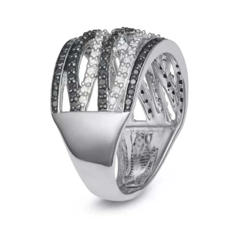 1/2 CTTW Black And White Diamond By Pass Cocktail Ring Sterling Silver