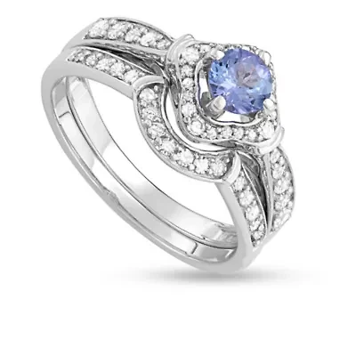 1.00 CTTW Tanzanite and White Diamond Bridal Ring Set 14K Gold