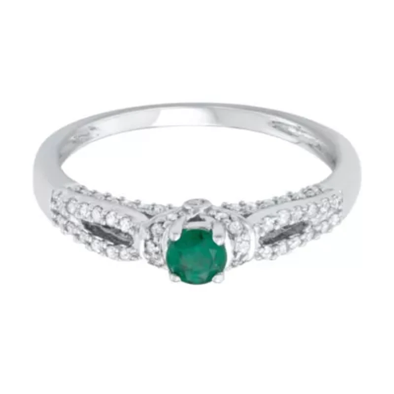 1/2 CTTW Diamond And Green Emerlad Engagement Ring 14KW