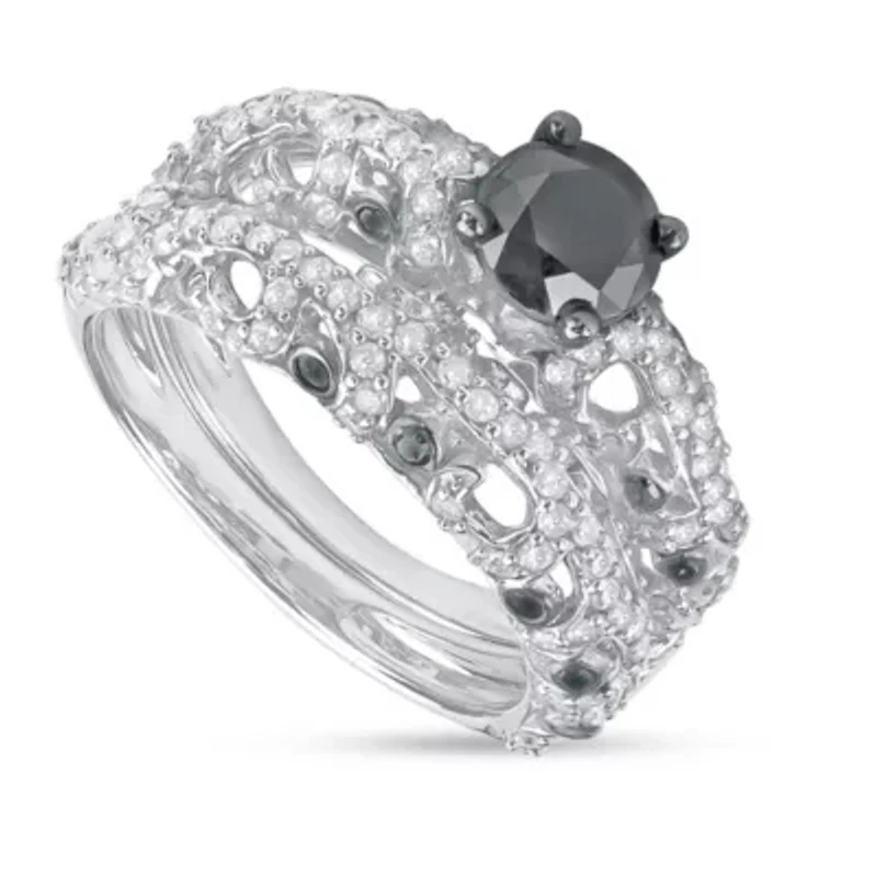 2.00 CTTW Antique Look Black And White Diamond Solitaire Bridal Set Sterling Silver