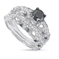 2.00 CTTW Antique Look Black And White Diamond Solitaire Bridal Set Sterling Silver