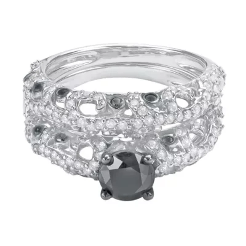 2.00 CTTW Antique Look Black And White Diamond Solitaire Bridal Set Sterling Silver