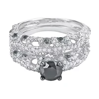 2.00 CTTW Antique Look Black And White Diamond Solitaire Bridal Set Sterling Silver