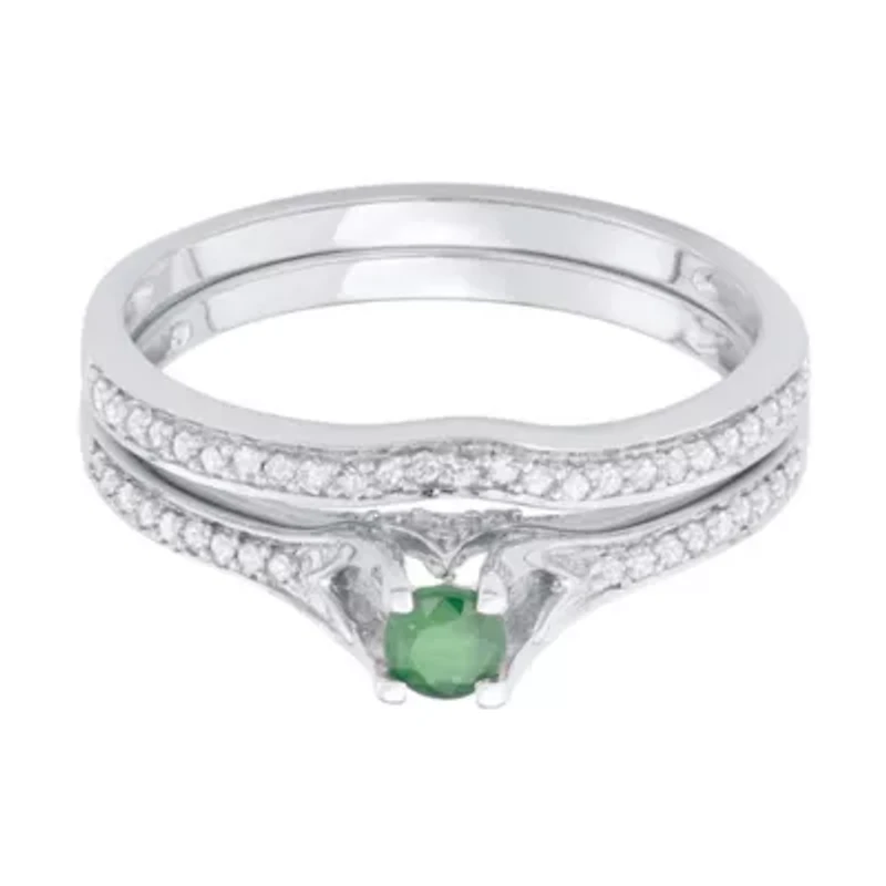 1/2 CTTW Diamond And Green Emerlad Bridal Set 14KW