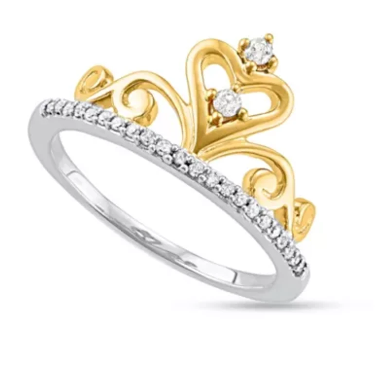 1/6 CTTW Diamond Tiara Crown Ring Yellow Gold Plated Sterling Silver