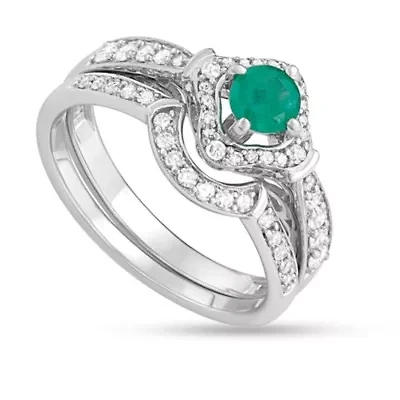 1.00 CTTW Emerald and White Diamond Bridal Ring Set 14K Gold