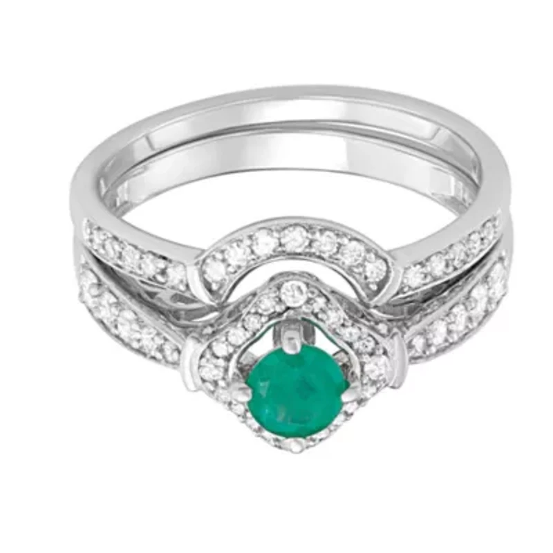 1.00 CTTW Emerald and White Diamond Bridal Ring Set 14K Gold