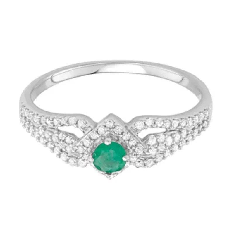 1/2 CTTW Diamond And Green Emerald Engagement Ring 14KW