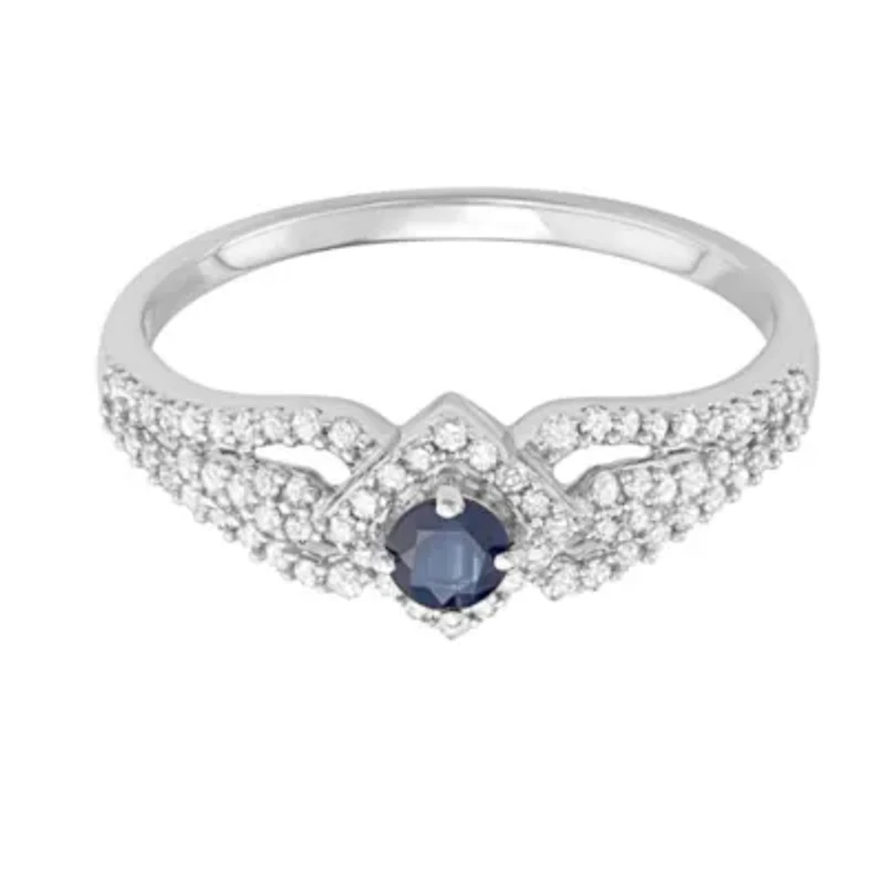 1/2 CTTW Diamond And Blue Sapphire Engagement Ring 14KW