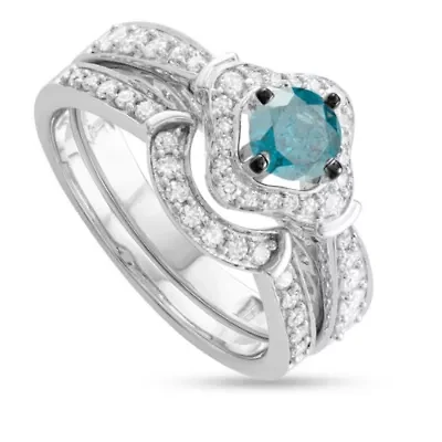 1.00 CTTW Blue and White Diamond Bridal Ring Set 14K Gold