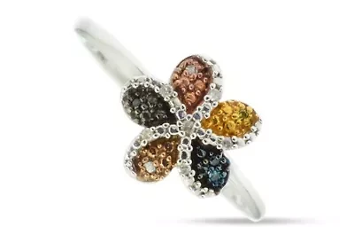 0.04 CTTW Multi Colored Diamond Flower Ring Sterling Silver
