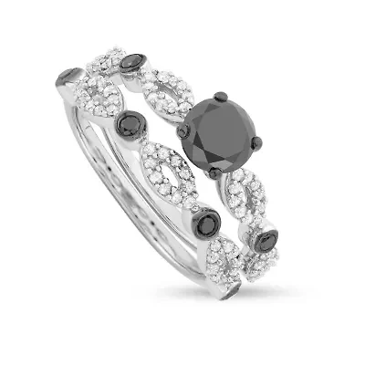 1 1/2CTTW Black And White Diamond Bridal Ring Set Silver