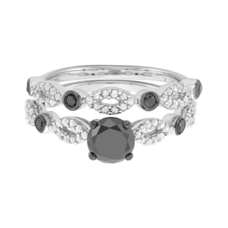 1 1/2CTTW Black And White Diamond Bridal Ring Set Silver