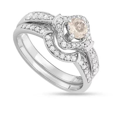 1.00 CTTW Morganite and White Diamond Bridal Ring Set 14K Gold