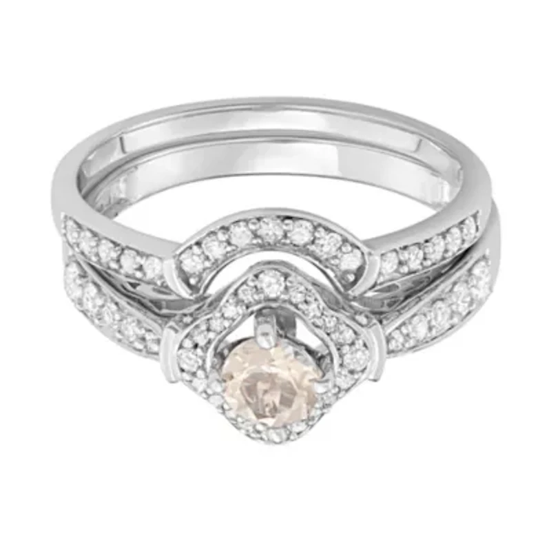 1.00 CTTW Morganite and White Diamond Bridal Ring Set 14K Gold