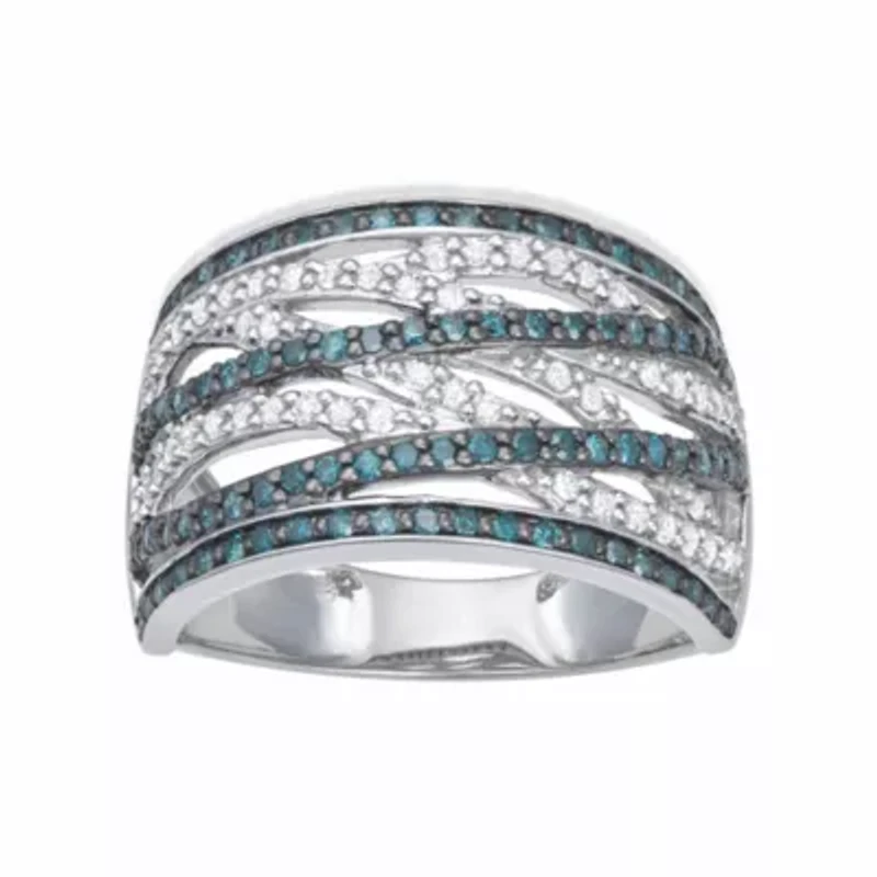 0.50CTTW Blue and White Diamond By-Pass Ring Rhodium-plated Sterling Silver