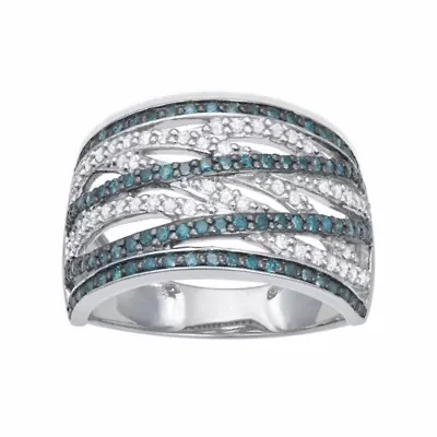 0.50CTTW Blue and White Diamond By-Pass Ring Rhodium-plated Sterling Silver