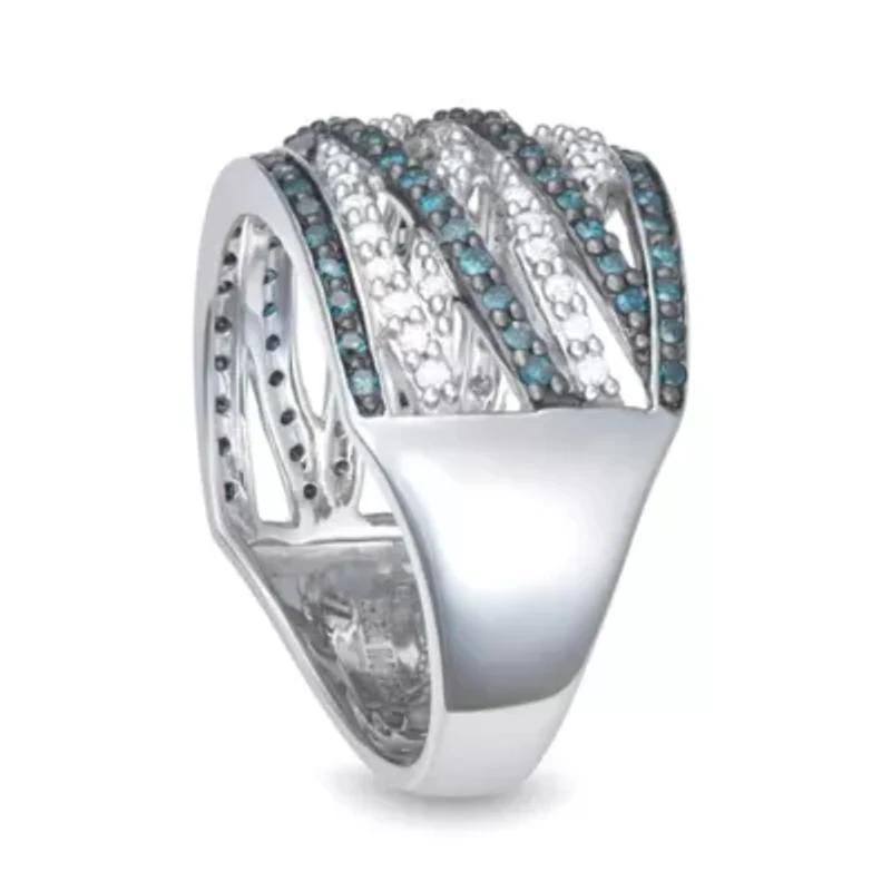 0.50CTTW Blue and White Diamond By-Pass Ring Rhodium-plated Sterling Silver
