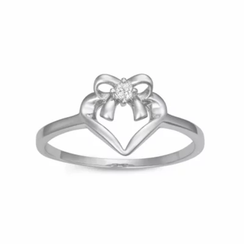 0.03CTTW Diamond Heart Ribbon Ring Rhodium Plated Sterling Silver